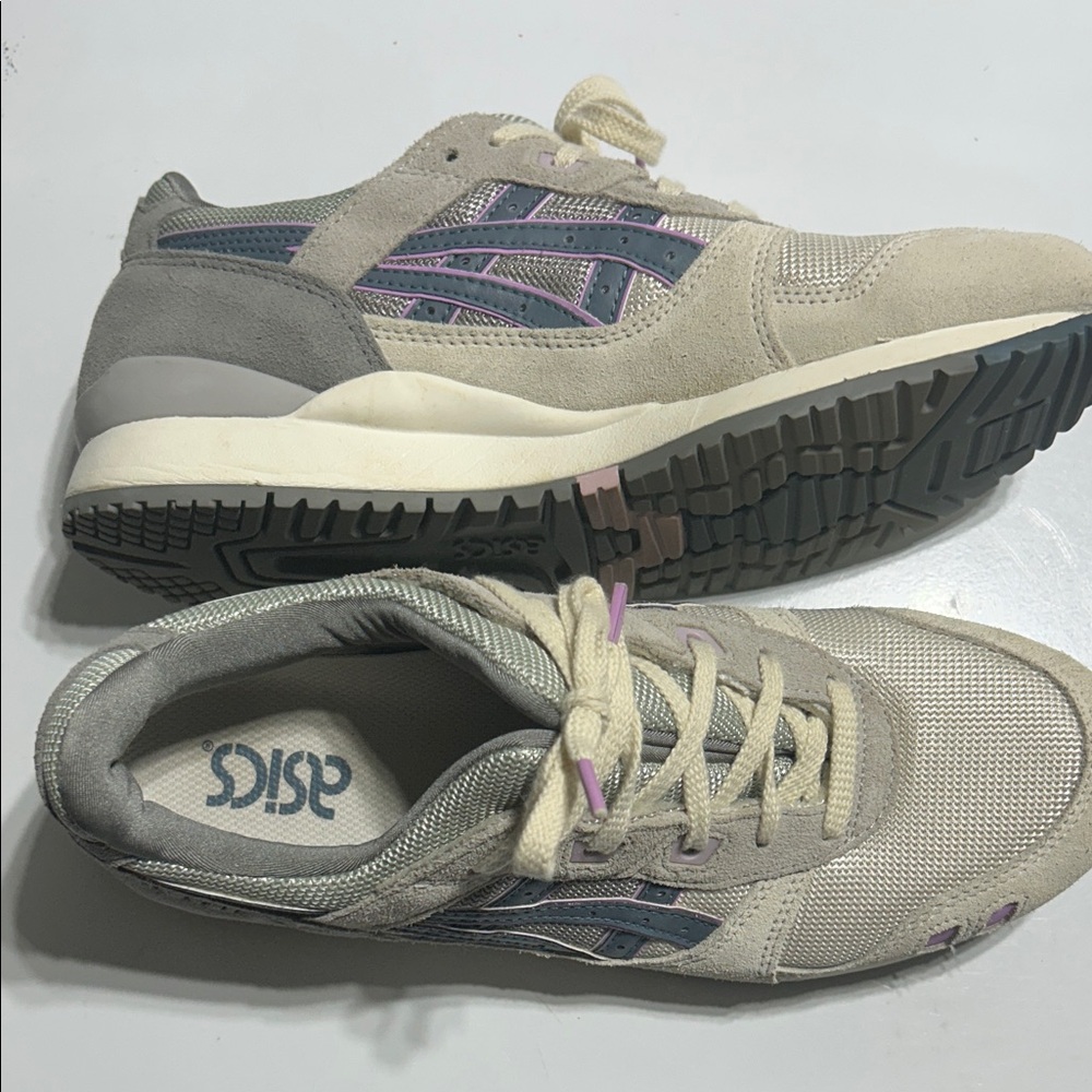 Asics Beige Gray Sneakers with Purple Accents